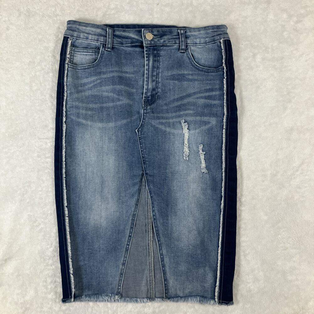 Y2K LITZ Denim Jean Skirt Slit Distressed Grunge Midi Frayed Hem Medium Pockets